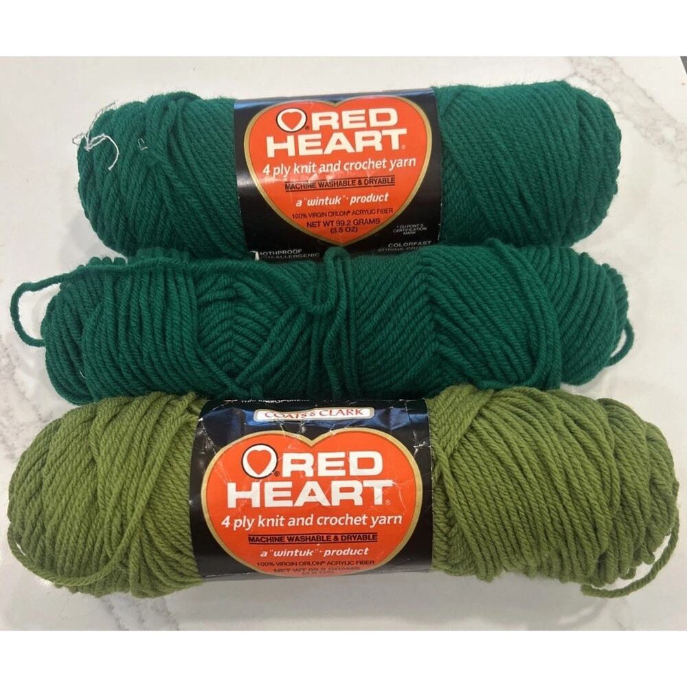 Vtg Red Heart Lot of 3 Skeins 4-Ply Hand Knitting Crochet Yarn Paddy Olive Green